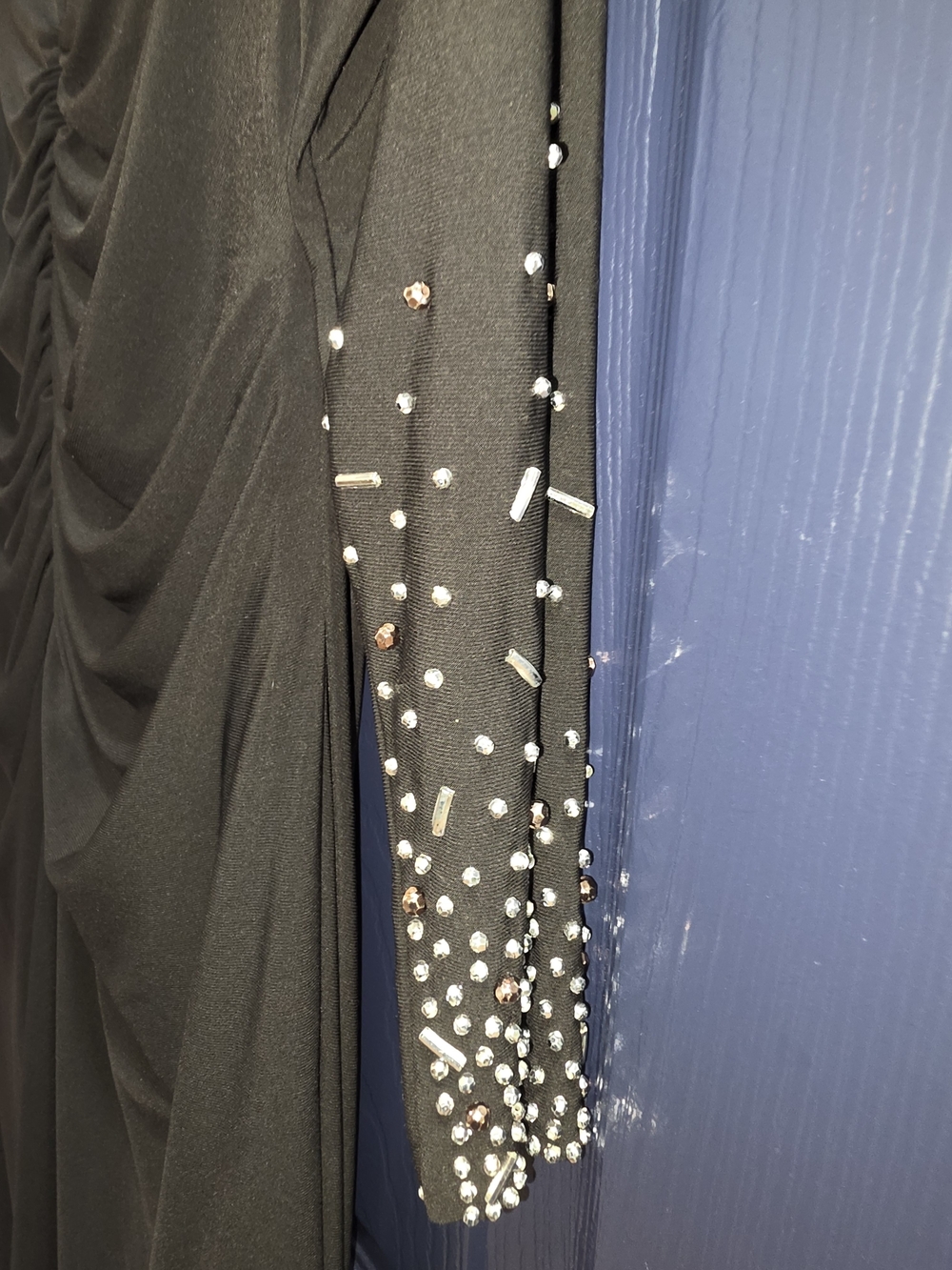 Xscape Black Long Sleeve Ruched Evening Gown with Embellished Cuffs - Picture 2 of 5